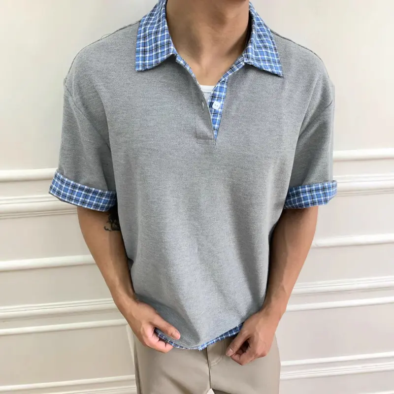 IEFB Fake Two-piece Men T-shirts Lapel Plaid Design Contrast Color Patchwork Casual Menswear Loose Short Sleeve Male Tees 9W3219