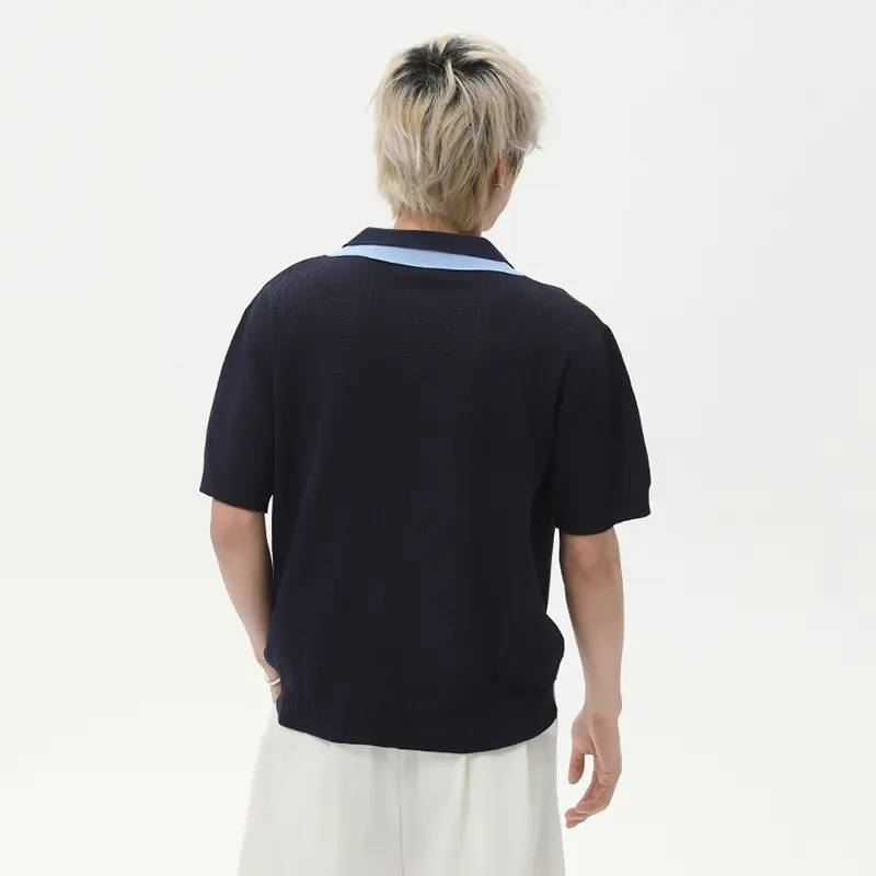 IEFB Korean Style Men's Tees Double Lapel Button Design Knitted Contrast Color Vintage Short Sleeved Loose Male T-shirts 9W3020