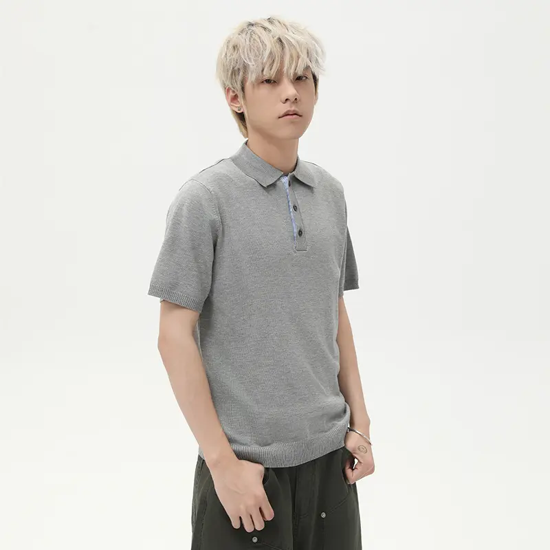IEFB Korean Style Men's T-shirts Turn-down Collar Button Solid Color Tops Short Sleeved Business Casual Male Tees Knitted 9W3018