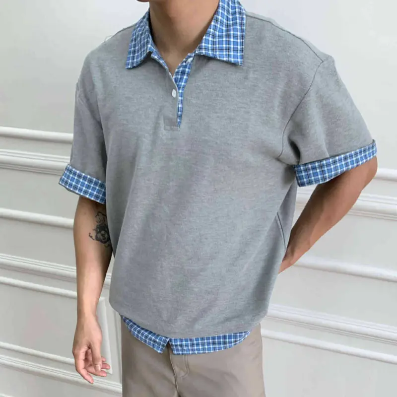 IEFB Fake Two-piece Men T-shirts Lapel Plaid Design Contrast Color Patchwork Casual Menswear Loose Short Sleeve Male Tees 9W3219