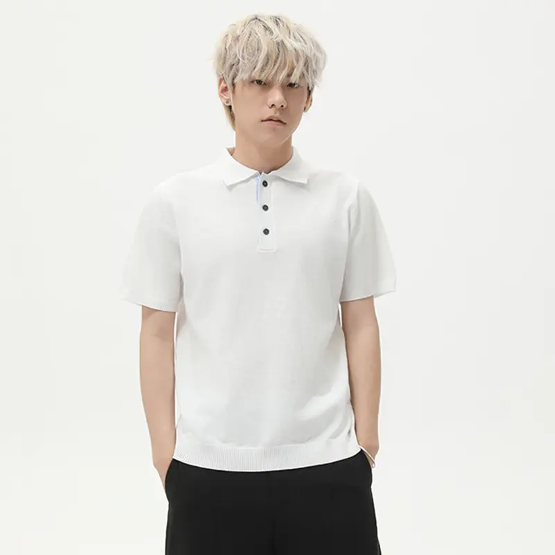 IEFB Korean Style Men's T-shirts Turn-down Collar Button Solid Color Tops Short Sleeved Business Casual Male Tees Knitted 9W3018