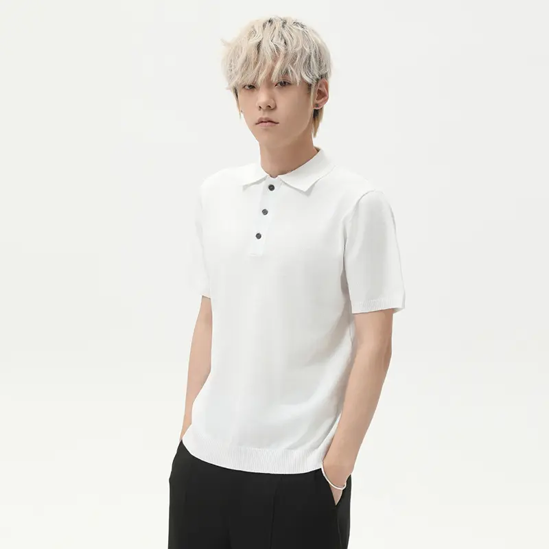 IEFB Korean Style Men's T-shirts Turn-down Collar Button Solid Color Tops Short Sleeved Business Casual Male Tees Knitted 9W3018