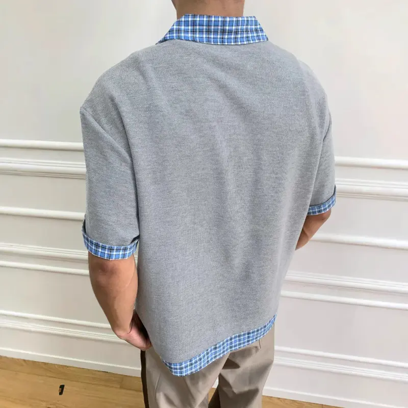 IEFB Fake Two-piece Men T-shirts Lapel Plaid Design Contrast Color Patchwork Casual Menswear Loose Short Sleeve Male Tees 9W3219