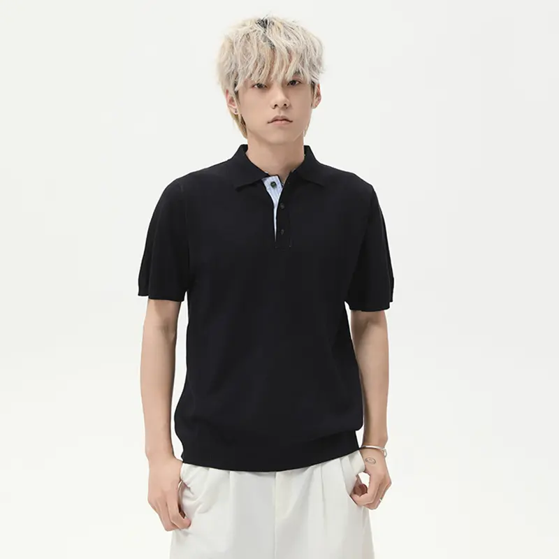 IEFB Korean Style Men's T-shirts Turn-down Collar Button Solid Color Tops Short Sleeved Business Casual Male Tees Knitted 9W3018