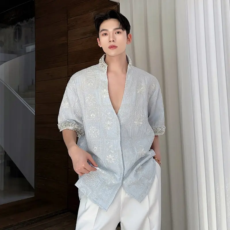 IEFB Summer Male Shirt Casual Loose Rhinestone Pearl Stand Collar Short Sleeve Shirts Trendy Three Dimensional Embroidery 9W3875