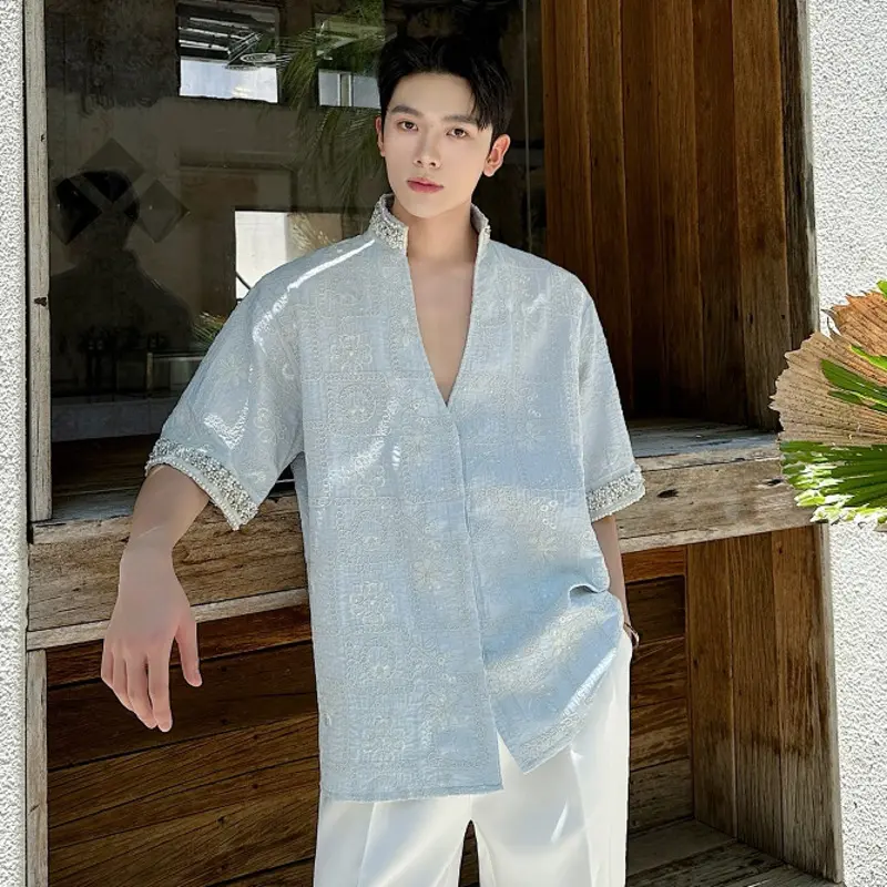 IEFB Summer Male Shirt Casual Loose Rhinestone Pearl Stand Collar Short Sleeve Shirts Trendy Three Dimensional Embroidery 9W3875