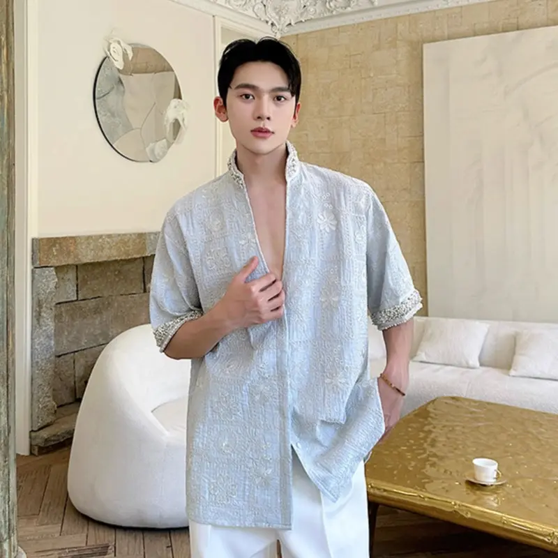 IEFB Summer Male Shirt Casual Loose Rhinestone Pearl Stand Collar Short Sleeve Shirts Trendy Three Dimensional Embroidery 9W3875