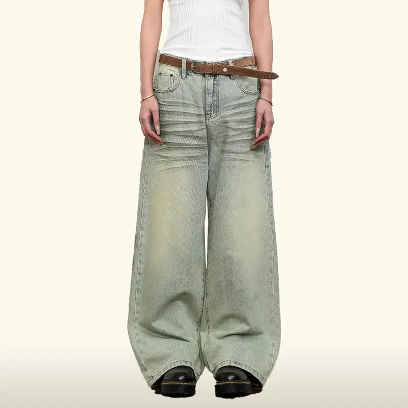 IEFB Fashion Men's Jeans Folded Washing Contrast Color Moustache Effect Mud-dying Bottom Wide Leg Loose Male Denim Pants 9W4326