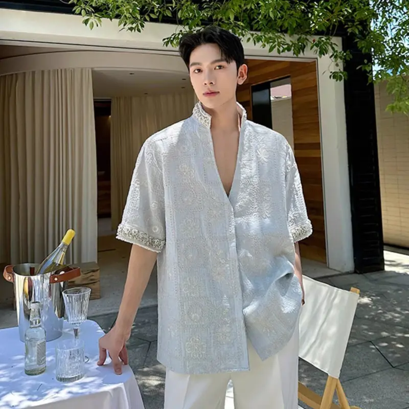 IEFB Summer Male Shirt Casual Loose Rhinestone Pearl Stand Collar Short Sleeve Shirts Trendy Three Dimensional Embroidery 9W3875