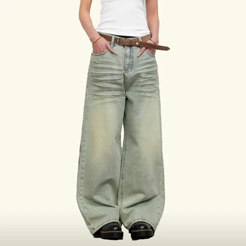 IEFB Fashion Men's Jeans Folded Washing Contrast Color Moustache Effect Mud-dying Bottom Wide Leg Loose Male Denim Pants 9W4326