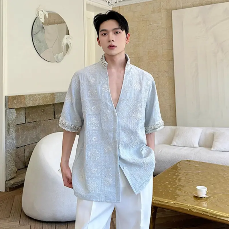 IEFB Summer Male Shirt Casual Loose Rhinestone Pearl Stand Collar Short Sleeve Shirts Trendy Three Dimensional Embroidery 9W3875