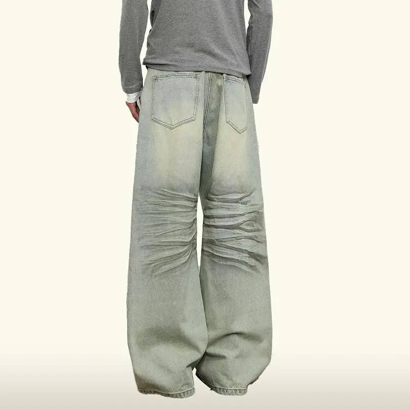 IEFB Fashion Men's Jeans Folded Washing Contrast Color Moustache Effect Mud-dying Bottom Wide Leg Loose Male Denim Pants 9W4326