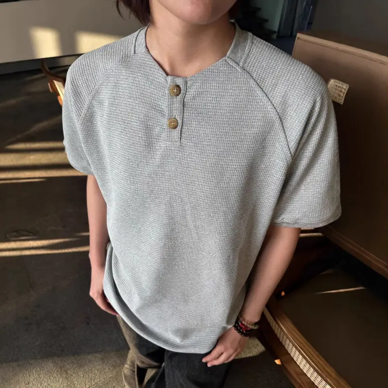 IEFB New Simple Men's Short Sleeved T-shirts Round Neck Button Design Casual Menswear Solid Color Loose Male Pullover Tee 9W3225