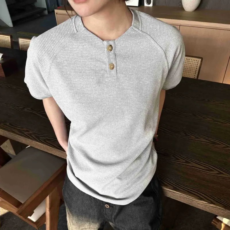 IEFB New Simple Men's Short Sleeved T-shirts Round Neck Button Design Casual Menswear Solid Color Loose Male Pullover Tee 9W3225