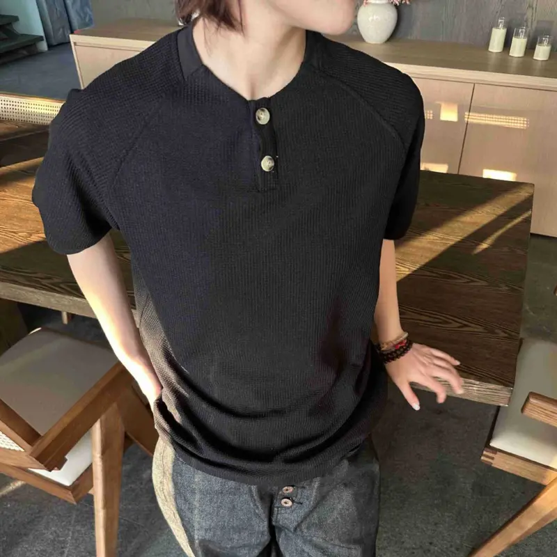 IEFB New Simple Men's Short Sleeved T-shirts Round Neck Button Design Casual Menswear Solid Color Loose Male Pullover Tee 9W3225