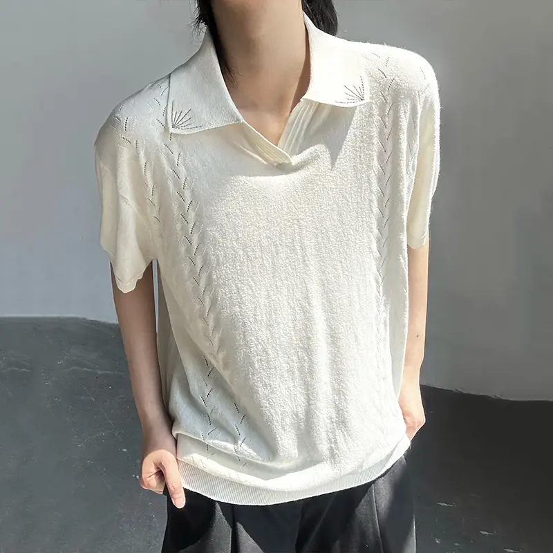 IEFB Turn-down Collar Men's T-shirts Solid Color Casual Short Sleeved Tops Korean Style Loose Knitting Male Tees Simple 9W2955