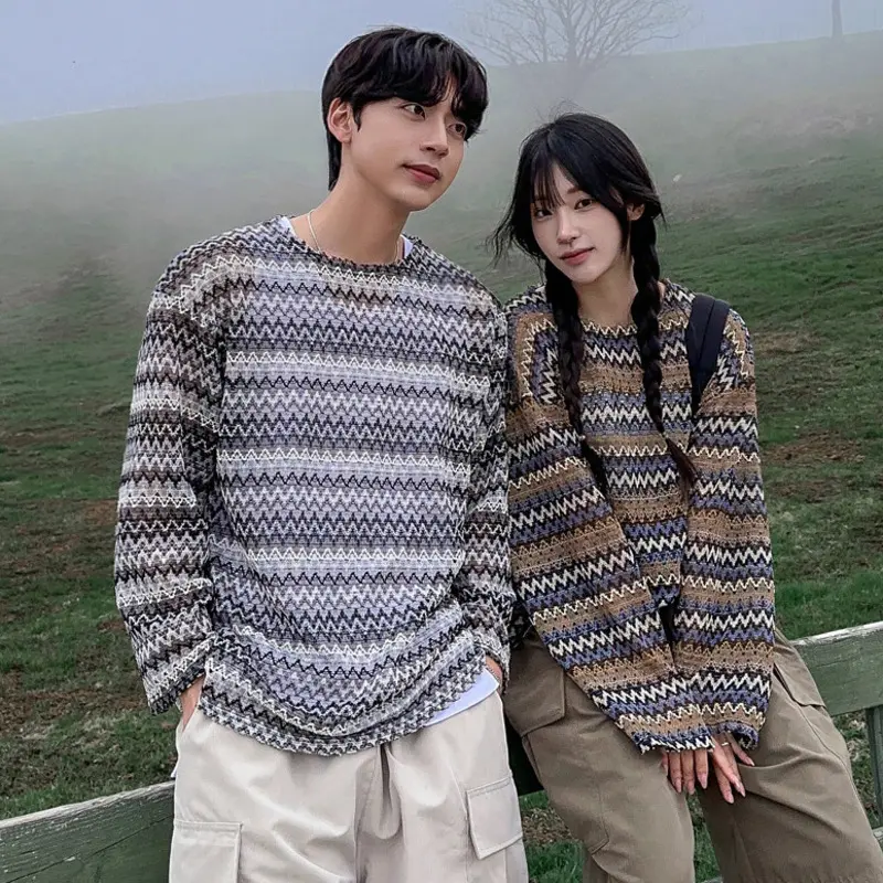 IEFB Striped Design Men's Tees Round Neck Contrast Color Sun-protective T-shirts Long Sleeved Knitting Loose Male Top New 9W3676