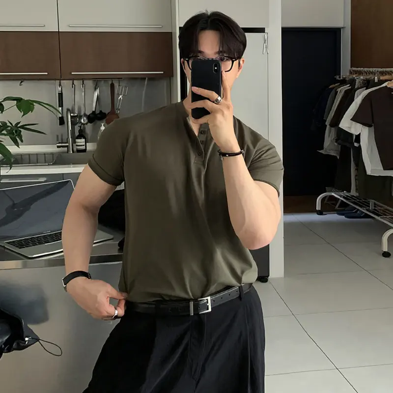 IEFB Button Design Men's T-shirts Round Neck Solid Color Casual Menswear Korean Style Short Sleeved Pullover Male Tops 9W3910