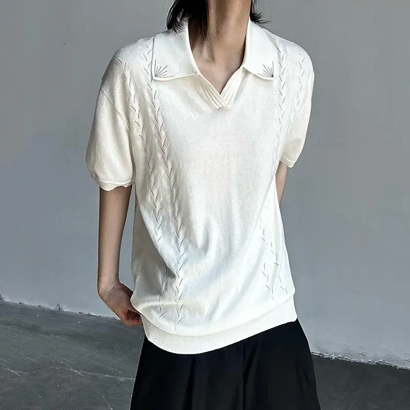 IEFB Turn-down Collar Men's T-shirts Solid Color Casual Short Sleeved Tops Korean Style Loose Knitting Male Tees Simple 9W2955