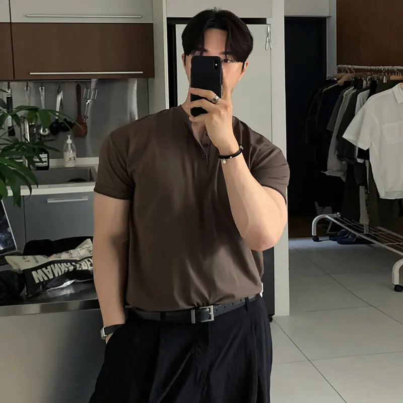 IEFB Button Design Men's T-shirts Round Neck Solid Color Casual Menswear Korean Style Short Sleeved Pullover Male Tops 9W3910