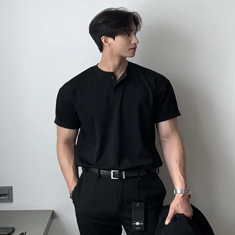 IEFB Button Design Men's T-shirts Round Neck Solid Color Casual Menswear Korean Style Short Sleeved Pullover Male Tops 9W3910