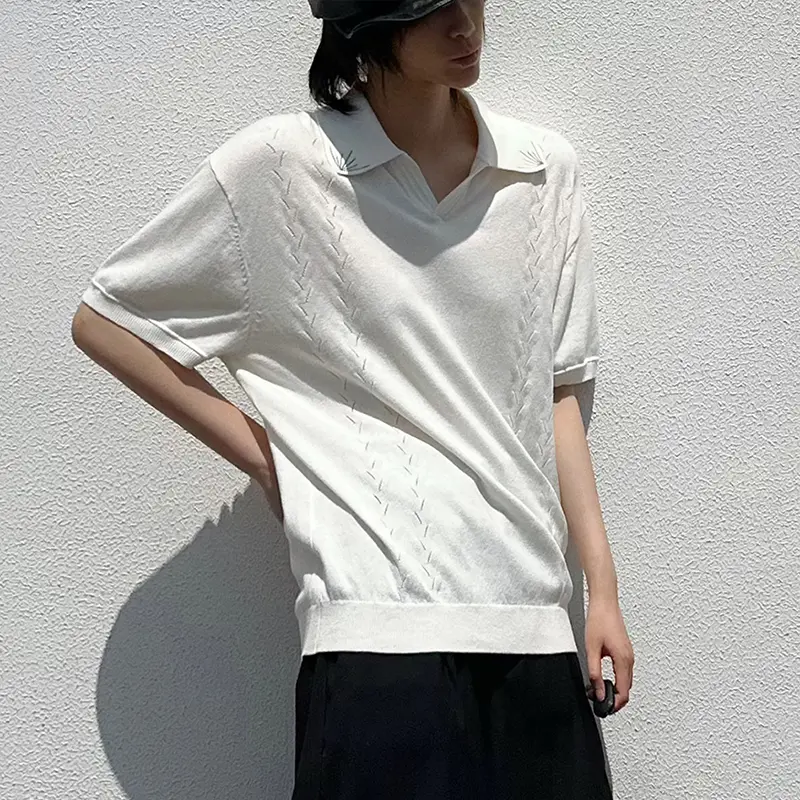 IEFB Turn-down Collar Men's T-shirts Solid Color Casual Short Sleeved Tops Korean Style Loose Knitting Male Tees Simple 9W2955