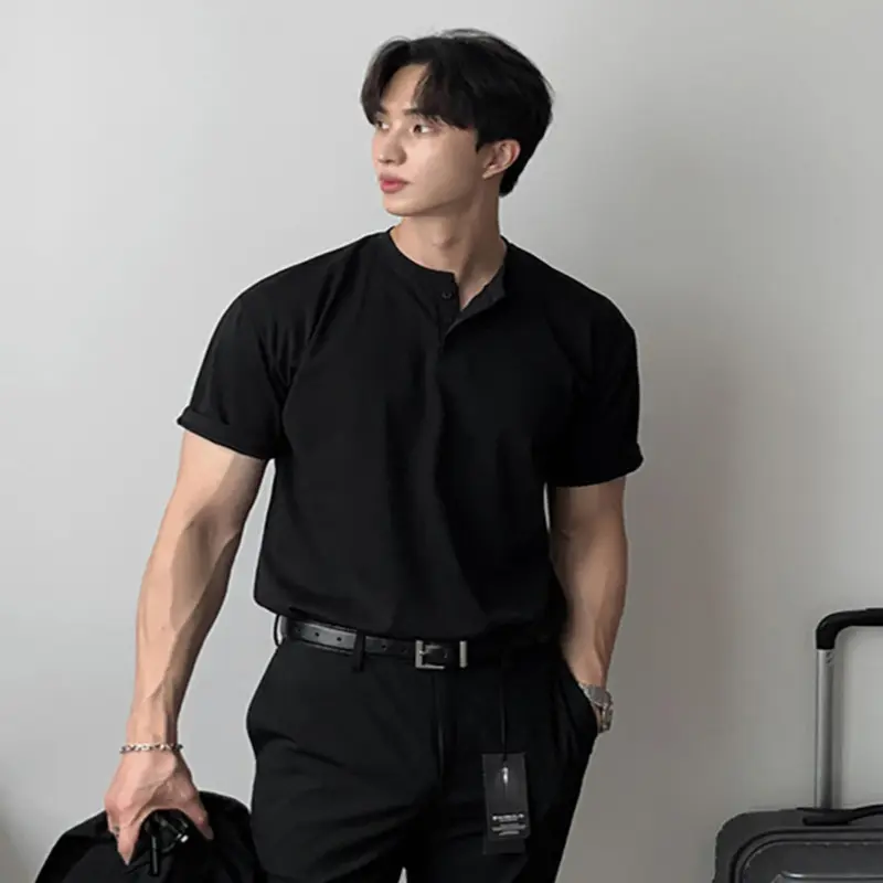 IEFB Button Design Men's T-shirts Round Neck Solid Color Casual Menswear Korean Style Short Sleeved Pullover Male Tops 9W3910