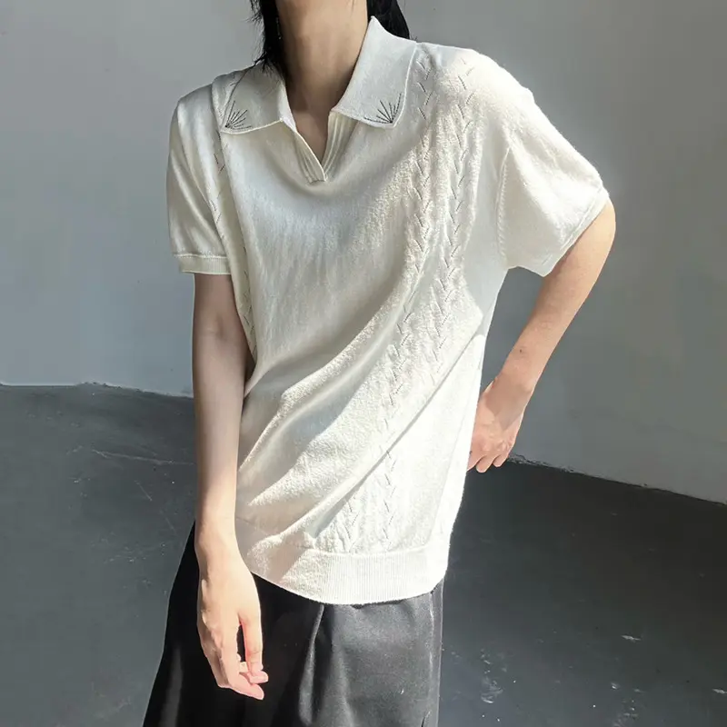 IEFB Turn-down Collar Men's T-shirts Solid Color Casual Short Sleeved Tops Korean Style Loose Knitting Male Tees Simple 9W2955