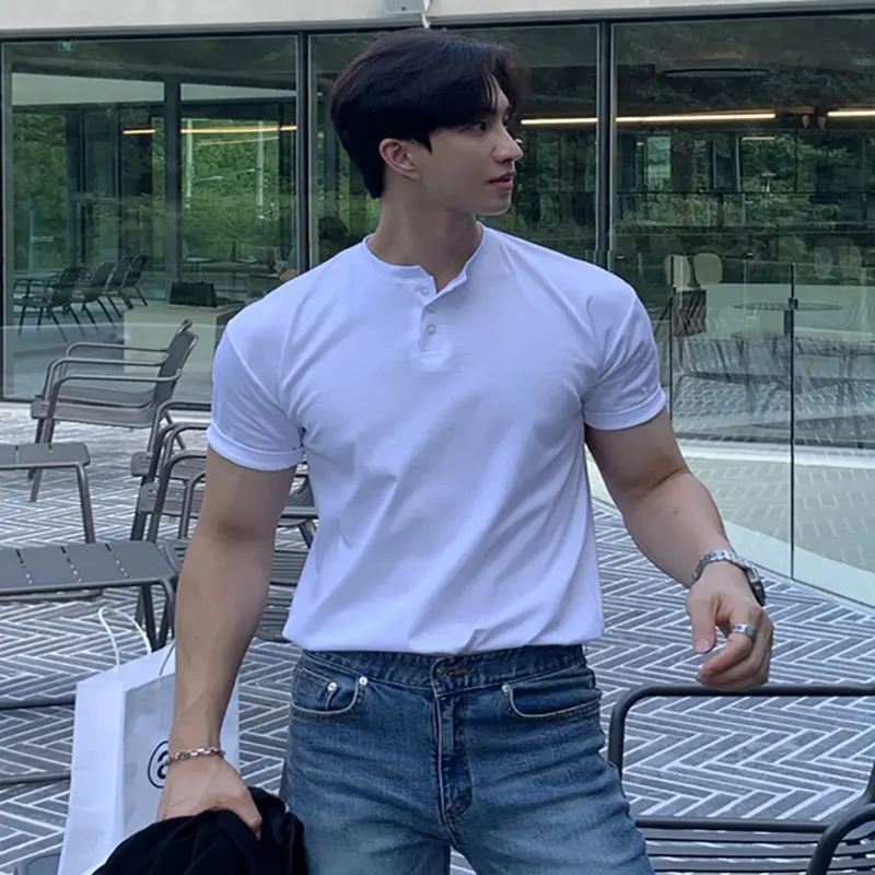 IEFB Button Design Men's T-shirts Round Neck Solid Color Casual Menswear Korean Style Short Sleeved Pullover Male Tops 9W3910