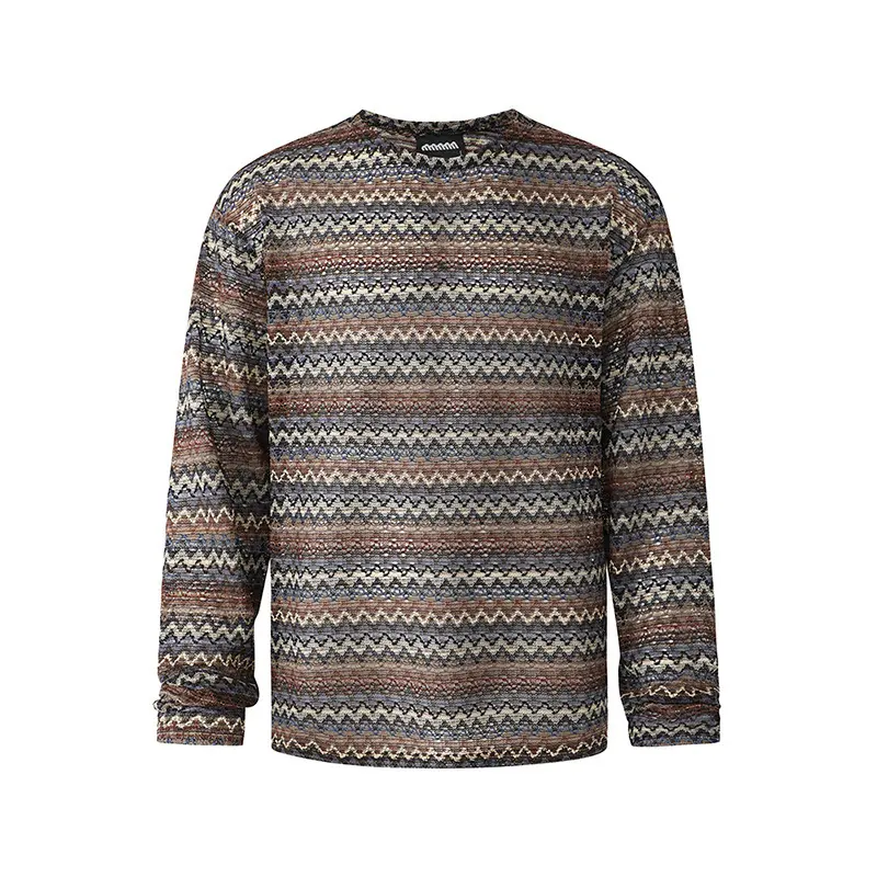 IEFB Striped Design Men's Tees Round Neck Contrast Color Sun-protective T-shirts Long Sleeved Knitting Loose Male Top New 9W3676