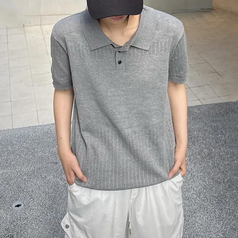 IEFB Korean Style Men's T-shirts Lapel Solid Color Casual Short Sleeved Knitting Tops Pullover Loose Male Tees Summer New 9W3605
