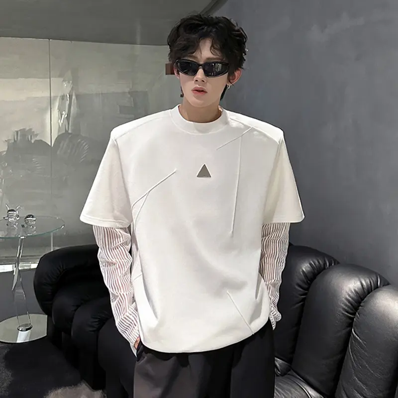 IEFB New Male Tees Summer Shoulder Padded Long Sleeved Mesh Splicing Niche Deconstruction T-shirt Pleated Metal Men's Top 9W3735