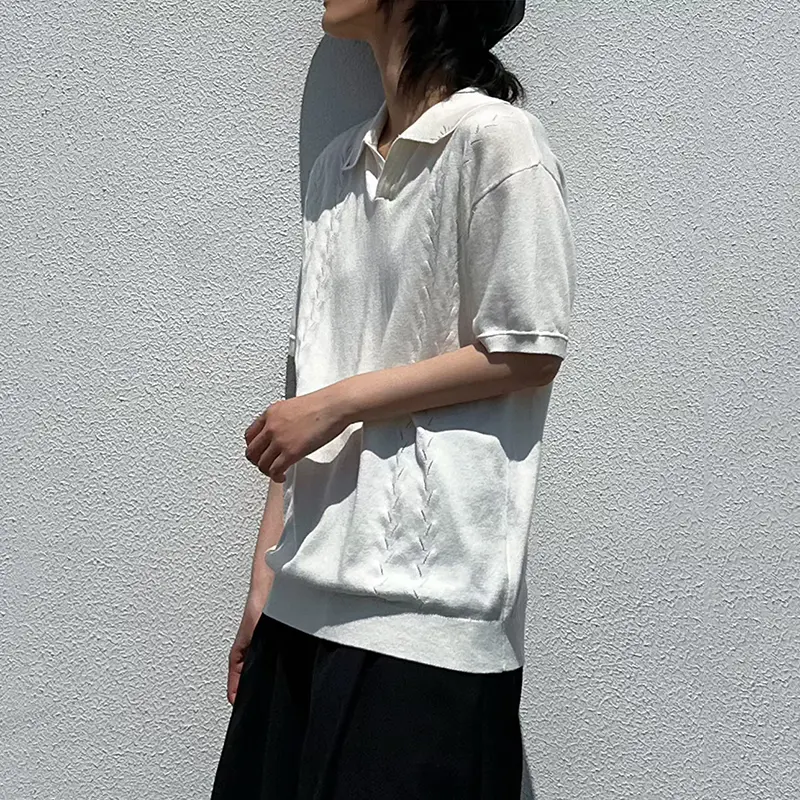 IEFB Turn-down Collar Men's T-shirts Solid Color Casual Short Sleeved Tops Korean Style Loose Knitting Male Tees Simple 9W2955