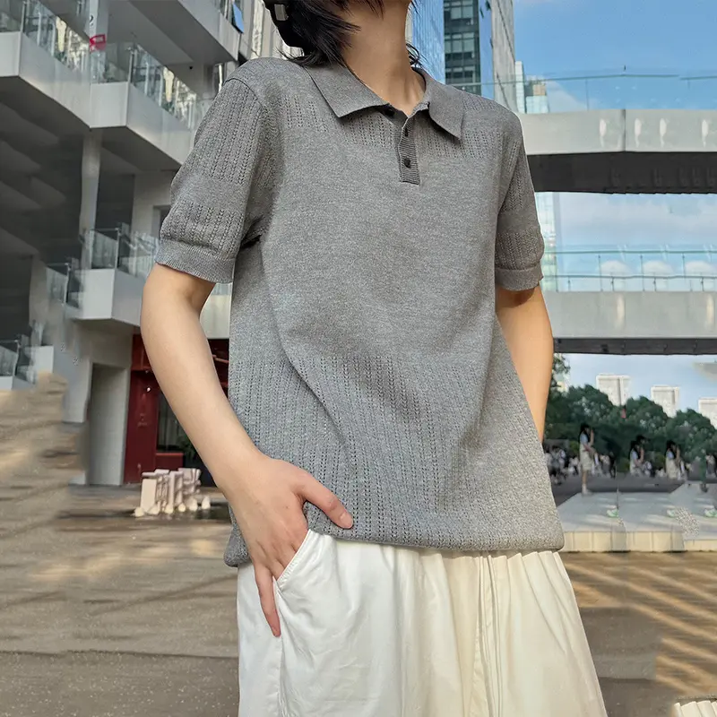 IEFB Korean Style Men's T-shirts Lapel Solid Color Casual Short Sleeved Knitting Tops Pullover Loose Male Tees Summer New 9W3605