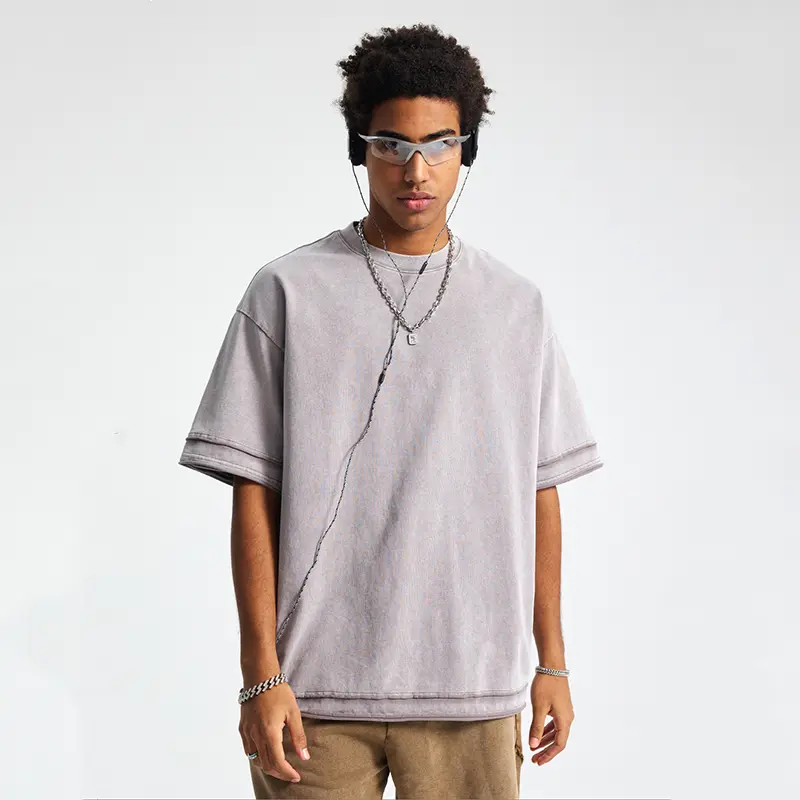 IEFB Men's Wear Round Collar American Men Top Wax Dyeing Water Washed Short Sleeve T-shirt Loose Edge Splicing Design 9W2891