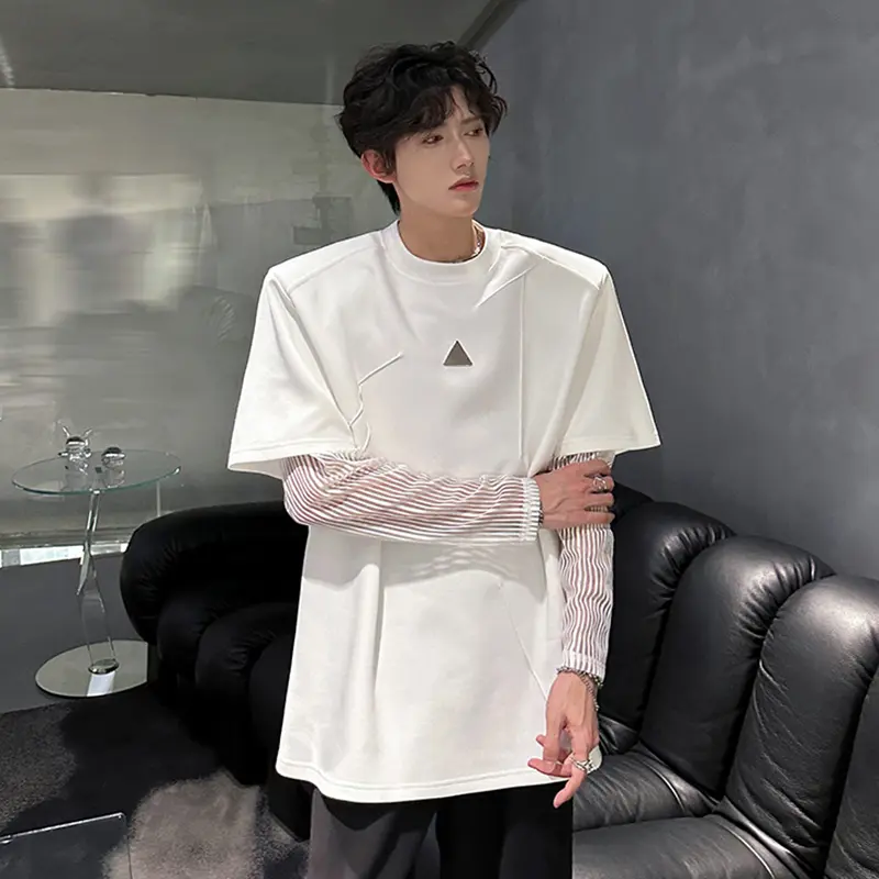 IEFB New Male Tees Summer Shoulder Padded Long Sleeved Mesh Splicing Niche Deconstruction T-shirt Pleated Metal Men's Top 9W3735