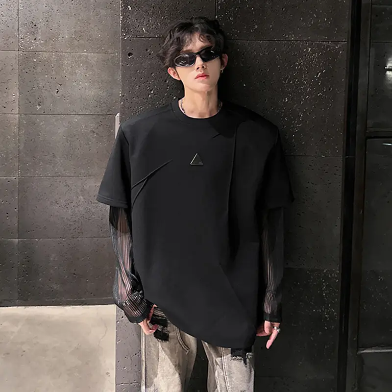 IEFB New Male Tees Summer Shoulder Padded Long Sleeved Mesh Splicing Niche Deconstruction T-shirt Pleated Metal Men's Top 9W3735