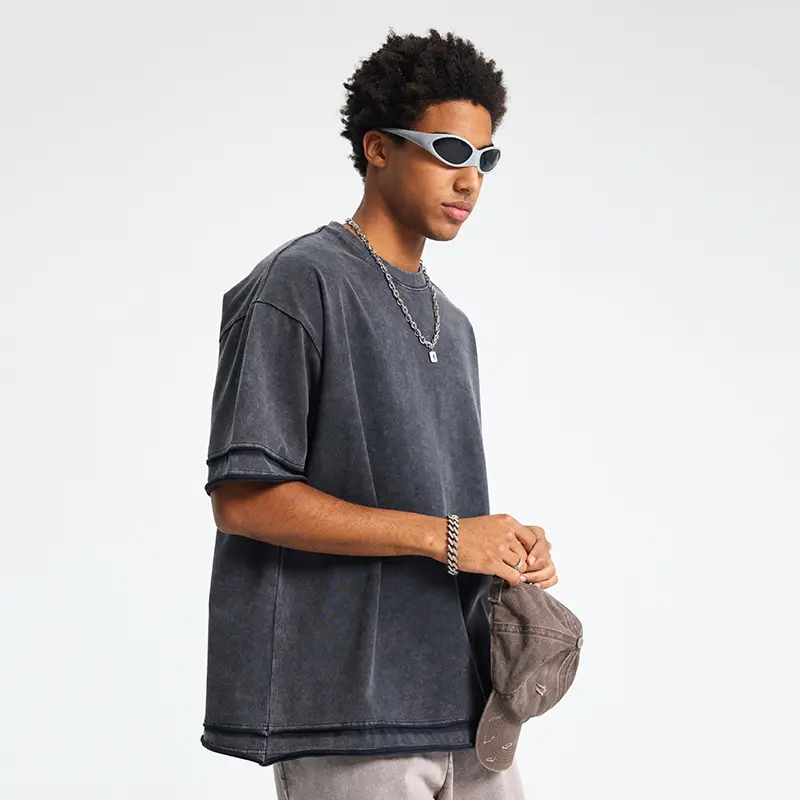 IEFB Men's Wear Round Collar American Men Top Wax Dyeing Water Washed Short Sleeve T-shirt Loose Edge Splicing Design 9W2891