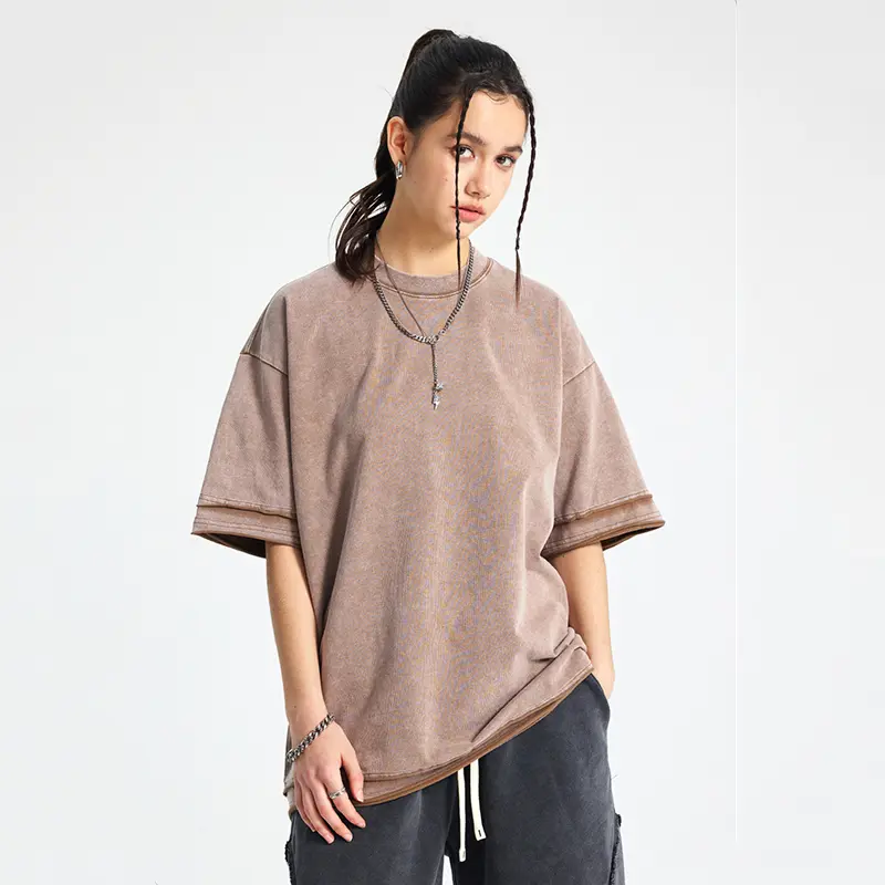 IEFB Men's Wear Round Collar American Men Top Wax Dyeing Water Washed Short Sleeve T-shirt Loose Edge Splicing Design 9W2891
