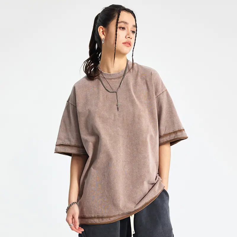 IEFB Men's Wear Round Collar American Men Top Wax Dyeing Water Washed Short Sleeve T-shirt Loose Edge Splicing Design 9W2891