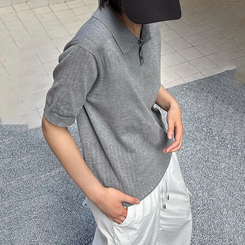IEFB Korean Style Men's T-shirts Lapel Solid Color Casual Short Sleeved Knitting Tops Pullover Loose Male Tees Summer New 9W3605