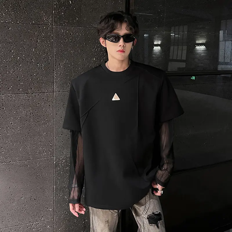 IEFB New Male Tees Summer Shoulder Padded Long Sleeved Mesh Splicing Niche Deconstruction T-shirt Pleated Metal Men's Top 9W3735