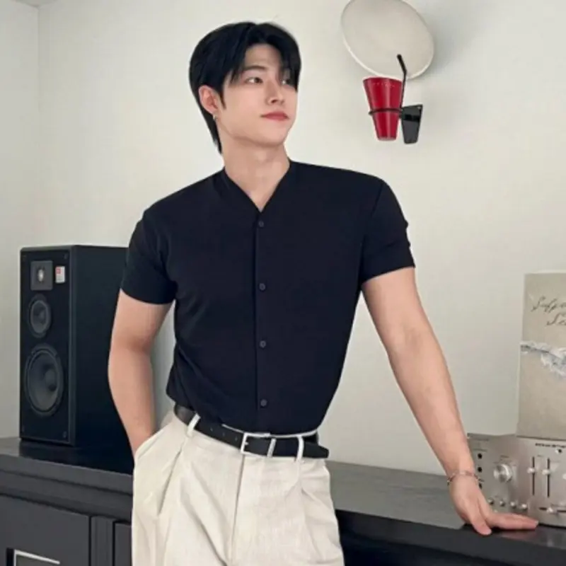 IEFB New Korean Style Men's T-shirts Solid Color Casual Short Sleeved Tees Dark Single Breasted Slim Male Tops Summer 9W3672