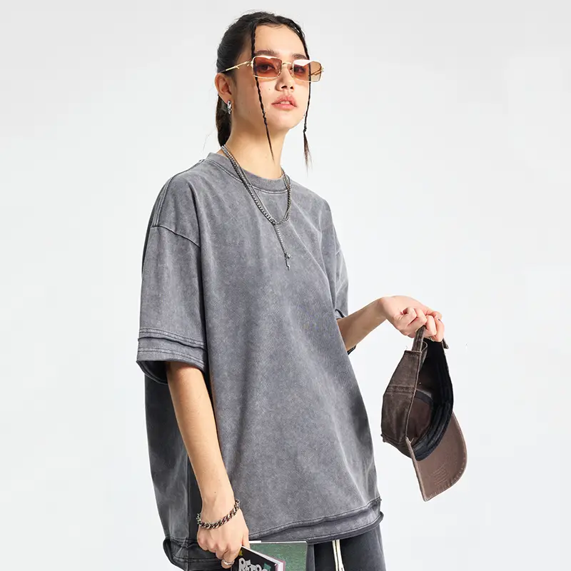 IEFB Men's Wear Round Collar American Men Top Wax Dyeing Water Washed Short Sleeve T-shirt Loose Edge Splicing Design 9W2891