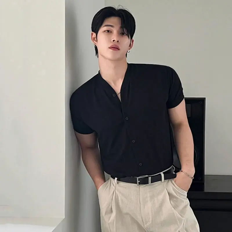 IEFB New Korean Style Men's T-shirts Solid Color Casual Short Sleeved Tees Dark Single Breasted Slim Male Tops Summer 9W3672