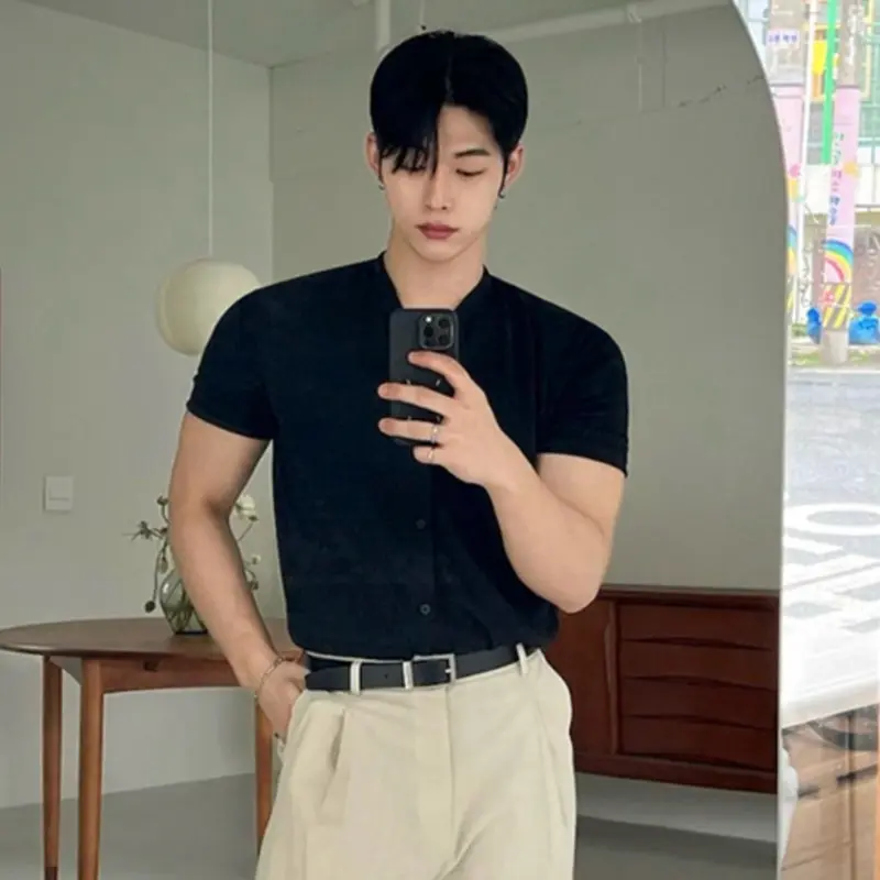 IEFB New Korean Style Men's T-shirts Solid Color Casual Short Sleeved Tees Dark Single Breasted Slim Male Tops Summer 9W3672
