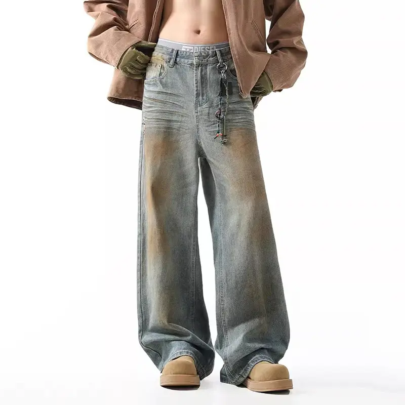 IEFB American Style Men Denim Pants Washing Mud-dying Constrast Color Trousers Wide Leg Loose Straight Male Jeans Autumn 9W4330