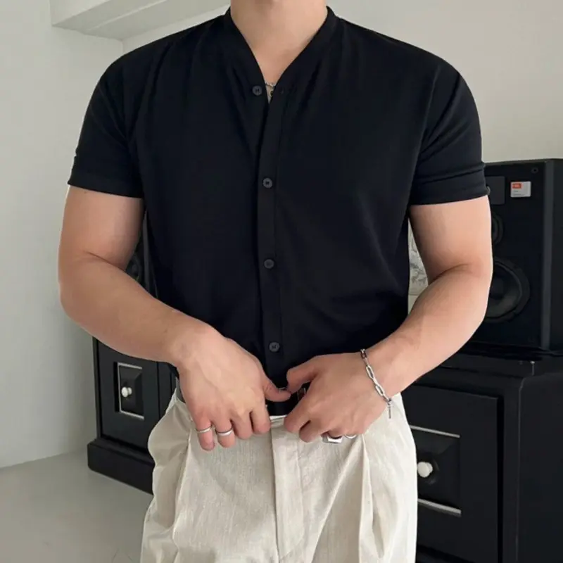 IEFB New Korean Style Men's T-shirts Solid Color Casual Short Sleeved Tees Dark Single Breasted Slim Male Tops Summer 9W3672