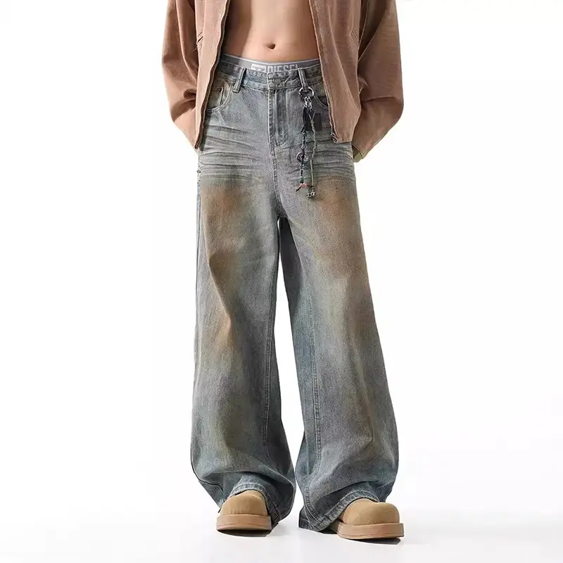 IEFB American Style Men Denim Pants Washing Mud-dying Constrast Color Trousers Wide Leg Loose Straight Male Jeans Autumn 9W4330