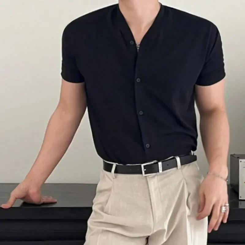 IEFB New Korean Style Men's T-shirts Solid Color Casual Short Sleeved Tees Dark Single Breasted Slim Male Tops Summer 9W3672